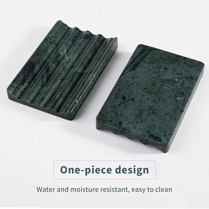 Karibiber 2 Pcs Soap Holder for Bathroom, Marble Soap Dish for Kitchen Countertop, Green Soaps Tray with Creative Wavy Design, Soaps Saver for Bath Tub, Sponges, Indian Natural Stone