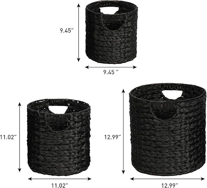 happimess BSK2011C-3SET Avery Bohemian Cottage Handwoven Hyacinth Cylinder Nesting Baskets with Handles, Black (Set of 3)