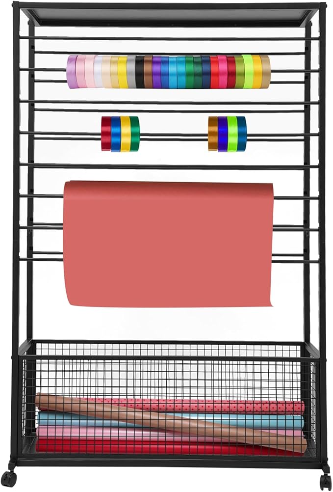 Commercial Ribbon Holder Organizer w/ 16 Rods & Locking Wheels - 59" Mobile Craft Storage for Florists, 4-Tier w/Mesh Basket (Black, 39.37 * 12.6 * 59.06in)