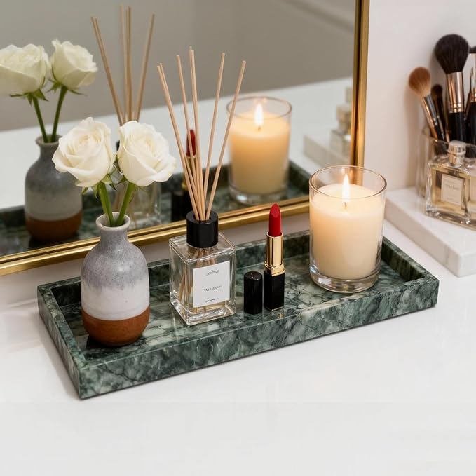 Pure Natural Marble Tray for Bathroom, Dresser, Sink. Cosmetics, toiletries, perfumes, Jewelry, Candles, etc. can be Placed (Lotus Green, 12" x 8" x 1.2")