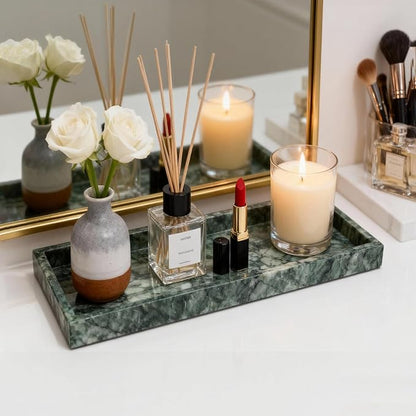 Pure Natural Marble Tray for Bathroom, Dresser, Sink. Cosmetics, toiletries, perfumes, Jewelry, Candles, etc. can be Placed (Lotus Green, 12" x 8" x 1.2")