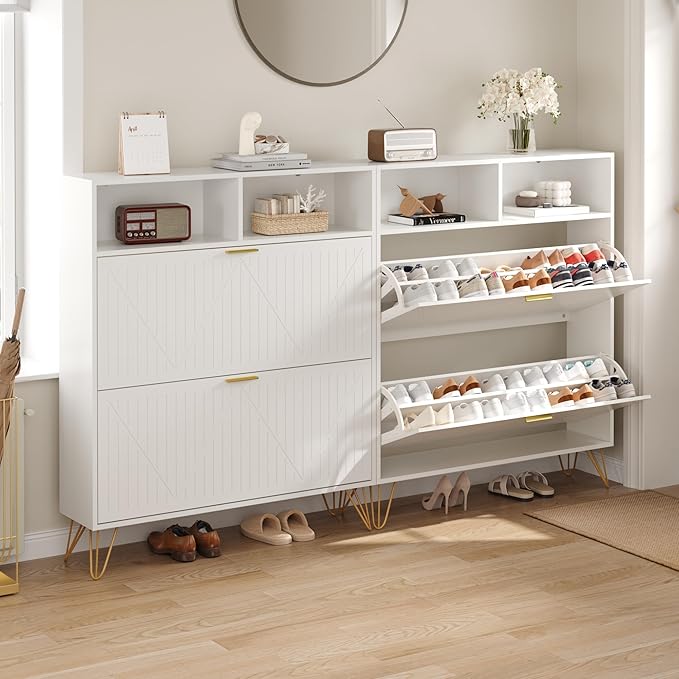 Fluted Shoe Cabinet Storage for Entryway, 39'' Large White Shoe Organizer with 2 Flip Drawers & Open Shelf, Freestanding Hidden Shoe Storage Cabinet