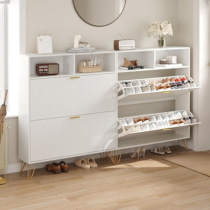 Fluted Shoe Cabinet Storage for Entryway, 39'' Large White Shoe Organizer with 2 Flip Drawers & Open Shelf, Freestanding Hidden Shoe Storage Cabinet