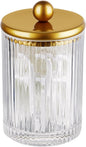SheeChung 1-Pack Gold Ribbed Glass Qtip Holder - Apothecary Jar Bathroom Organizer with Metal Lid - Small Vanity Canister for Cotton Swabs, Rounds, Floss Picks - Modern Luxury Decor