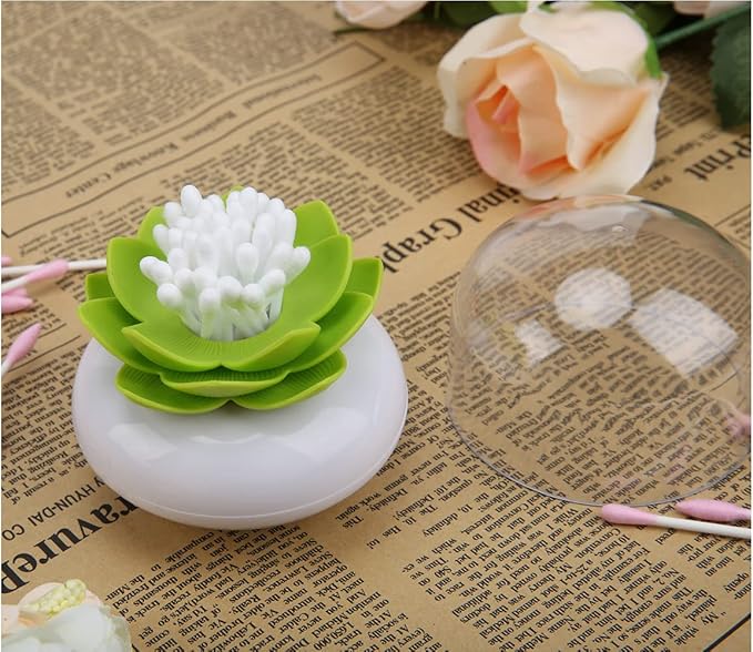 Bloss QTip Cotton Swab Holder Set - Lotus Toothpick Organizer Bathroom Decor Vanity Canister - 2 Pack (Green + Pink)
