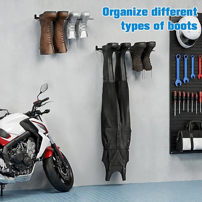 2 Pcs Wall Mounted Boot Rack, Black Metal Wader Hangers Shoe Rack 2 Pair Sturdy Wall Mounted Tall Boots Organizer with Screws and Expansion Tubes for Entryway, Garage, Home, Closet