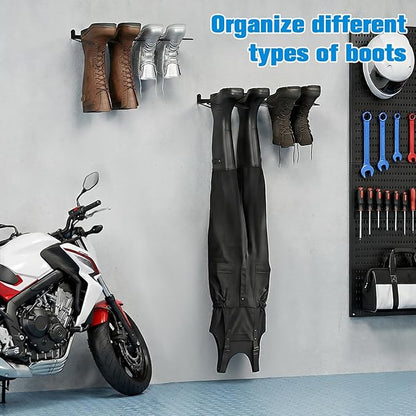 2 Pcs Wall Mounted Boot Rack, Black Metal Wader Hangers Shoe Rack 2 Pair Sturdy Wall Mounted Tall Boots Organizer with Screws and Expansion Tubes for Entryway, Garage, Home, Closet