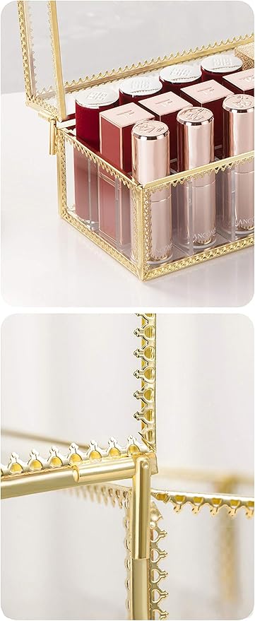 FSyueyun Glass Lipstick Organizer Holder with 24 Slot, Dust Free Vanity Lip Gloss Lipstick Eye Liner Makeup Display Cases Decoration for Dresser Countertop