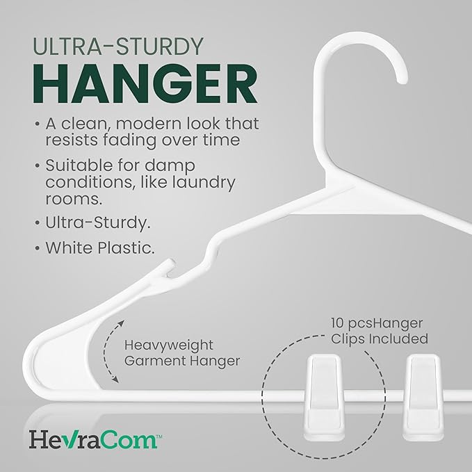 Clothes Hangers Strong Heavy Duty Non Slip Hangers 50 Pack with 10 Clips - Space Saving Coat and Pants Hangers with Clips, Skirt Hanger and Pant Hanger for Closet Organization Hangers Plastic 50 Pack