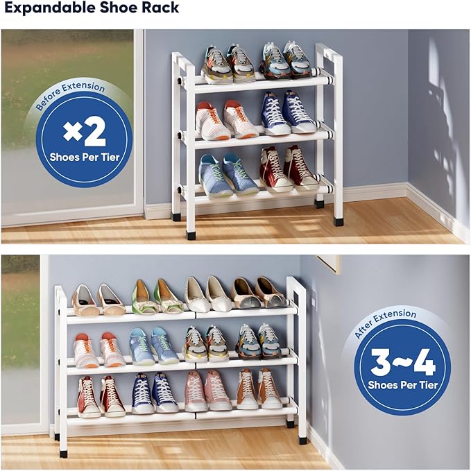 Abiglifty 3-Tier Expandable Shoe Rack,17"-33" Adjustable Shoe Rack for Closet,Metal Shoes Shelves for Front Door Entrance, Garage & Corridor, Free Standing Shoe Holders, Easy to Assemble,White