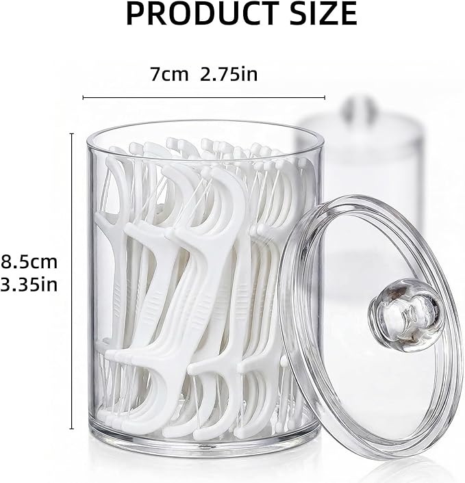 novelinks Acrylic Plastic Qtip Holder Dispenser, Apothecary Jar Canister Set with Lids for Cotton Swabs, Balls, Round Pads & Floss Picks - Bathroom Vanity Makeup Storage Container (Clear, 2 Pack)