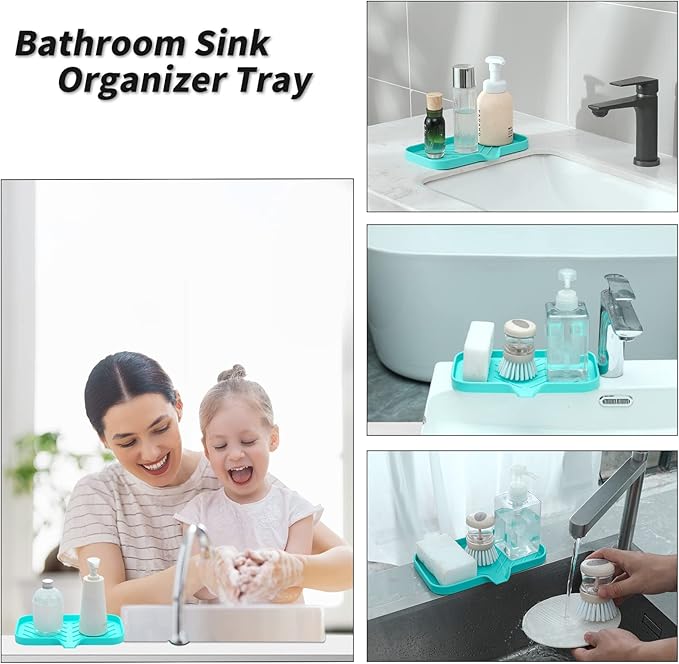 MicoYang Silicone Bathroom Soap Dishes with Drain Spout-Bathroom and Kitchen Sink Organizer,Sponge Holder,Dish Soap Tray,Perfect for Dispenser,Scrubber,Bottle,Cup on Sink or Counter-Mint 9.6"×5.3"