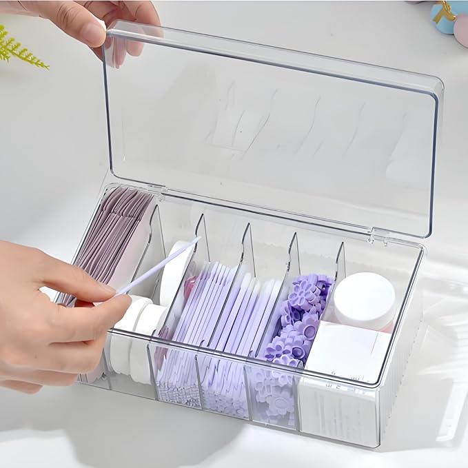 2 Pack Lash Extension Organizer, Clear Small Eyelash Cart Storage Boxes with 6 Compartments, Separated Large Capacity Eyelash Extension Supplies Storage Container for Lash Techs