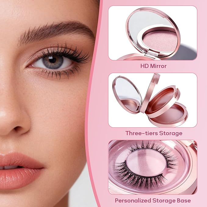 Buqikma 3 Layers Circle False Eyelash Storage Box with Mirror, Empty Eyelash Case Organizer Travel Lash Holder for Cosmetic, Rose Gold