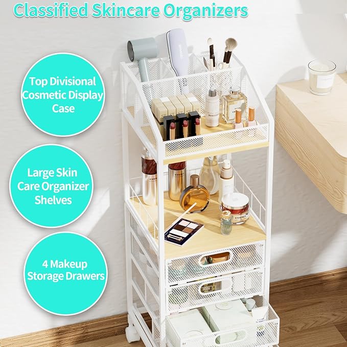 HapiRm Makeup Organizer Storage Cart - Floor Skincare Make Up Storage with 4 Drawers, Rolling Makeup Cart Vanity Organizer Cosmetics Display Cases Holder for Skin Care Perfume Nail Polish