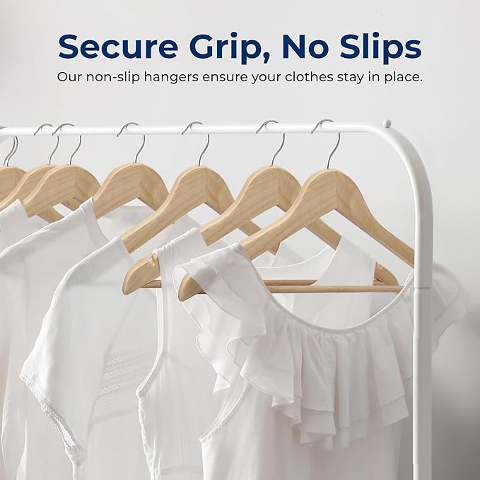 SereneLife 30-Pack Heavy Duty Wooden Hangers – Solid Wood Clothes Hanger Set with 360° Swivel Hook, Pant Bar & Notches for Jackets, Suits, Dresses, and Tops – Natural Smooth Finish