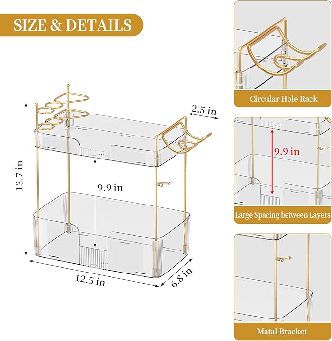 Bathroom Counter Organizer for Vanity, Makeup Organizer Countertop with Holder, Large Capacity Storage Rack, Perfect Large Skincare, Hair Care, Perfume, Easy to Install (Clear, 2Tiers)