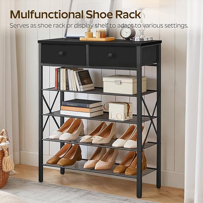 YATINEY 5 Tier Shoe Rack, Large Capacity Shoe Storage Organizer, Metal Shoe Shelf with Drawer and Wooden Top, for 20 Pairs of Shoes, for Entryway, Closet, Black SS25BB