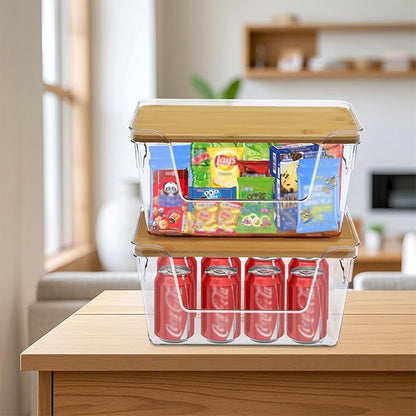 2 Pack Snack Station Organizer for Pantry Shelf,Snack Bar Station Storage Basket with Handle & Wooden Lid,Stackable Plastic Baskets for Storage Pantry Bins Organizer,Kitchen Organization Box