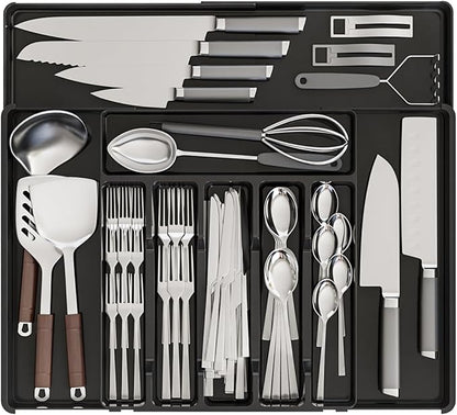 Expandable Silverware Organizers for Kitchen Drawers,Large BPA Free Cutlery Organizer in Drawer,Plastic Utensil Drawer Organizer Suitable as Flatware,Knife,Fork,Spoon,Silverware Holder and Tray,Black