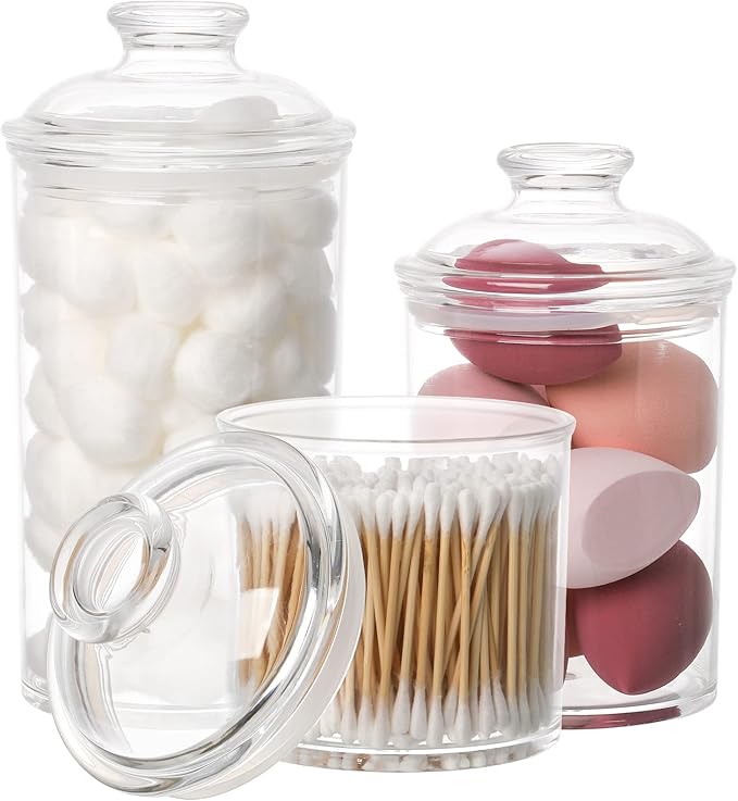 Lyellfe Set of 3 Acrylic Apothecary Jars, Vanity Organizer Canister with Airtight Lids, Bathroom Cotton Swab Holder, Clear Storage Jar for Candy, Bath Salt, Cotton Ball, 34 oz, 25 oz, 17 oz