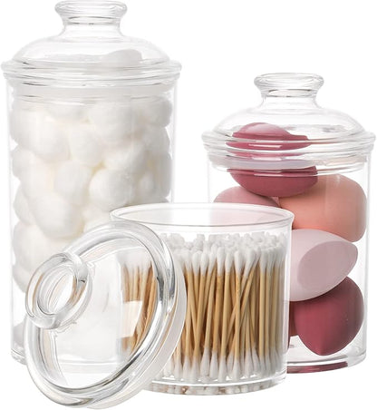 Lyellfe Set of 3 Acrylic Apothecary Jars, Vanity Organizer Canister with Airtight Lids, Bathroom Cotton Swab Holder, Clear Storage Jar for Candy, Bath Salt, Cotton Ball, 34 oz, 25 oz, 17 oz
