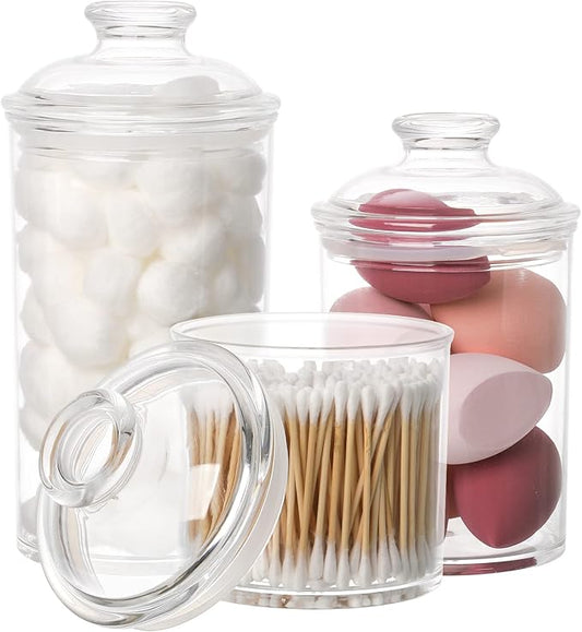 Lyellfe Set of 3 Acrylic Apothecary Jars, Vanity Organizer Canister with Airtight Lids, Bathroom Cotton Swab Holder, Clear Storage Jar for Candy, Bath Salt, Cotton Ball, 34 oz, 25 oz, 17 oz
