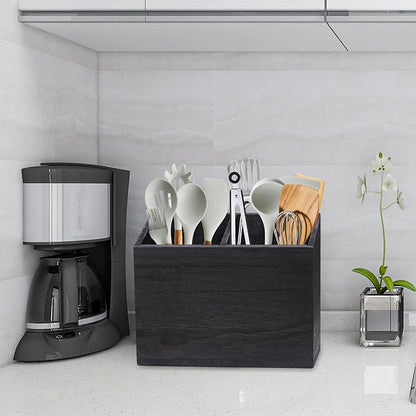 Wooden Kitchen Utensil Caddy With 2 Compartments, Rustic Utensil Holder for Kitchen Countertop, Wood Utensil Crock Organizer Box for Farmhouse Kitchen Decor (black)