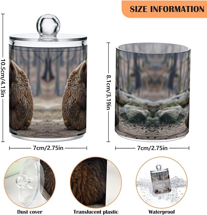 Sitting Bear Pattern Qtip Holder 2 Pack - 10 Oz Clear Plastic Apothecary Jar Set for Bathroom Organization - Versatile Canister Storage for Cotton Balls, Swabs, Rounds