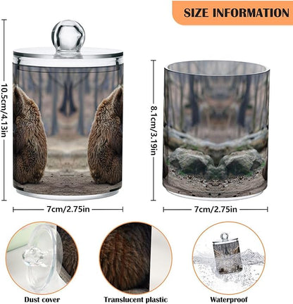 Sitting Bear Pattern Qtip Holder 4 Pack - 10 Oz Clear Plastic Apothecary Jar Set for Bathroom Organization - Versatile Canister Storage for Cotton Balls, Swabs, Rounds
