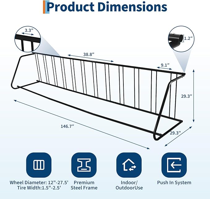 12-Bike Single-Side Floor Bike Rack, Heavy Duty Steel Freestanding Bicycle Parking Stand with Ground Fixing Kit, 122" L Commercial Grade for Garage, Apartment, School, Retail Store