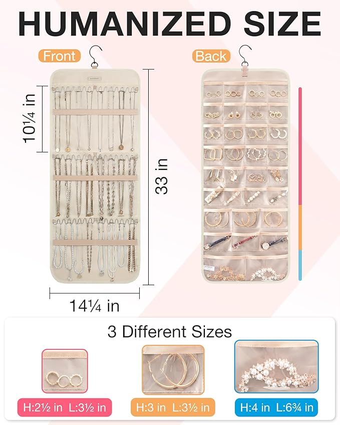 BAGSMART Hanging Jewelry Organizer Storage Roll with Hanger Metal Hooks Double-Sided Jewelry Holder for Earrings, Necklaces, Rings on Closet, Wall, Door, 1 piece, Large, Beige