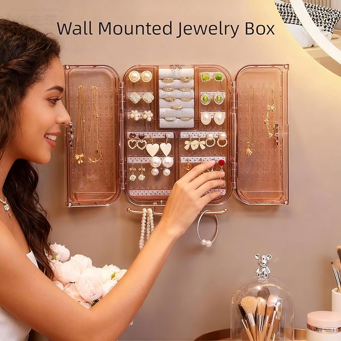 Wall Mounted Jewelry Organizer Cabinet- No Punching Foldable 4- Compartment Jewelry Hanging Organizer for Necklaces, Rings, Bracelets | Jewelry Earring Holder Storage Box for Women & Girls (Rose Gold)