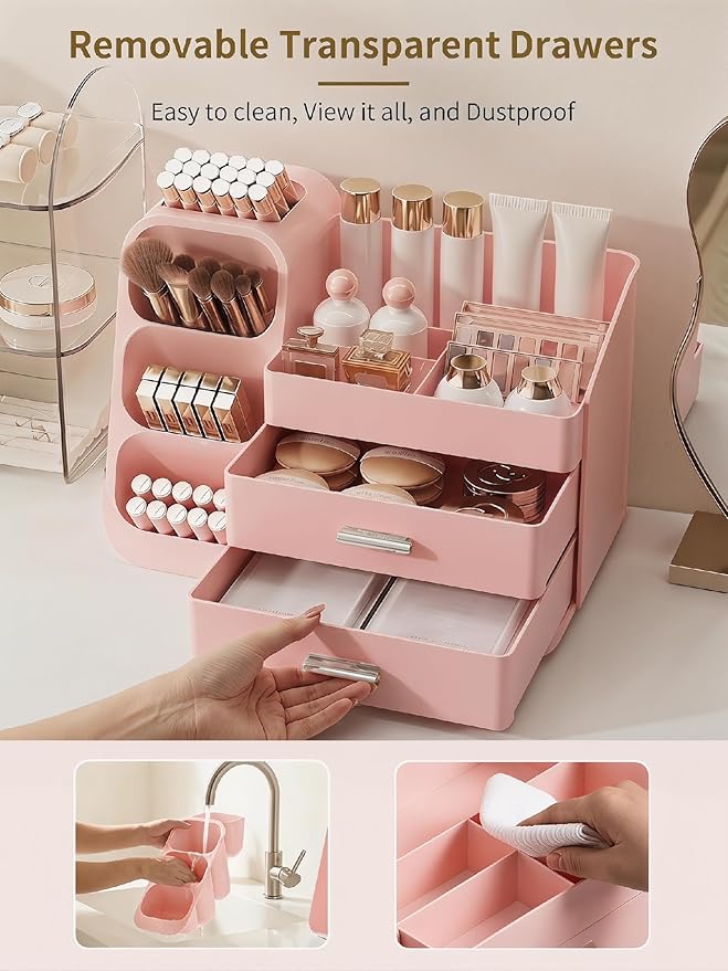 Booklov Makeup Organizer for Vanity, Large Capacity Cosmetic Display Case with Drawers, Countertop Beauty Storage Holder for Skincare, Brush Eyeliner Perfume Eyeshadow Lipsticks, Counter Desk, Pink