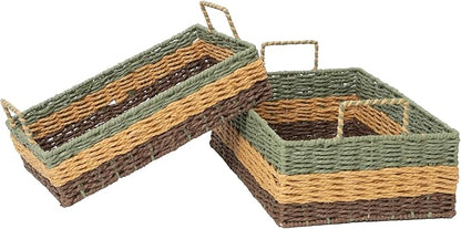Handmade Rectangle Woven Paper Rope Storage Basket with Iron Frame,Basket with handles for Home Decor, Shelf & Desktop Organizing (Mix green yellow brown)