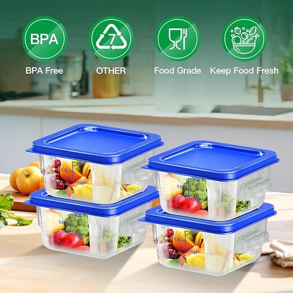 4 pcs 2qt Food Storage Containers with Lid, Square Clear Commercial Food Storage Containers with Handle and Scale for Food Storage in Home Kitchen & Dining (Blue)