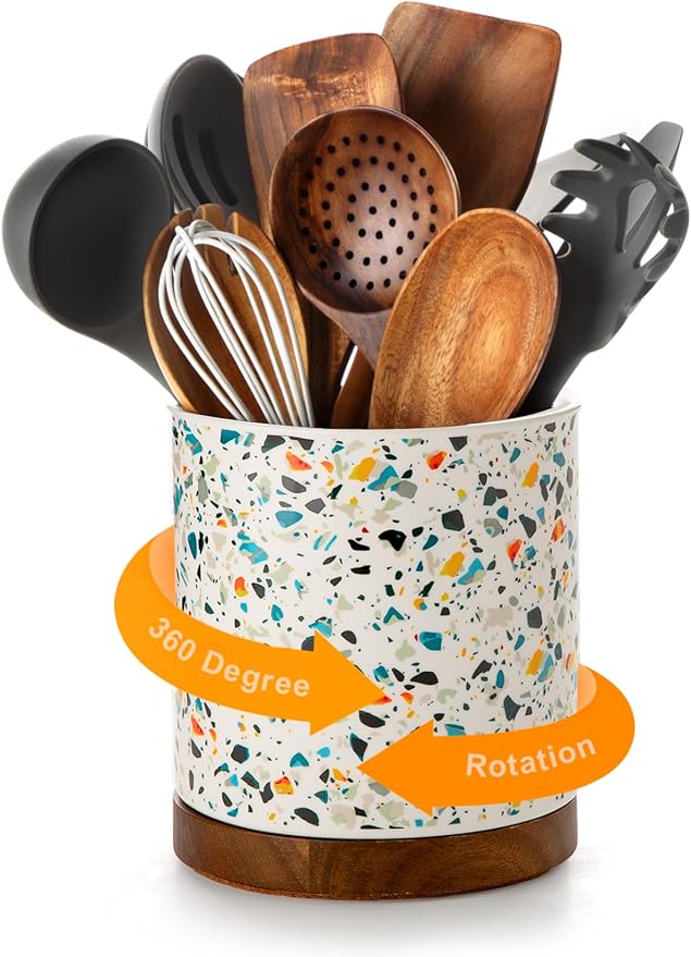 Nucookery 360°Rotating Utensil Holder, 7.2" Large Utensil Crock, White Ceramic Cooking Utensil Organizer,Farmhouse Kitchen Decor Christmas Thanksgiving Gift (Marble Pattern)