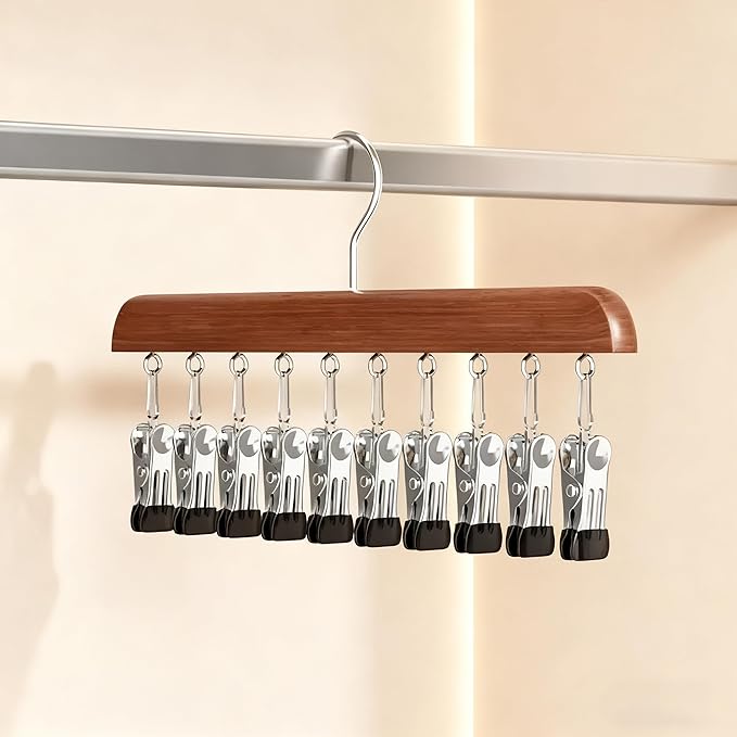 8 Pack Hat Hangers Bulk for Closet Display, Wooden Hat Storage Organizer with 80 Metal Clips for Baseball Caps, Summer Hat Rack for Beanie, Skullies, Visors, Walnut Brown Color