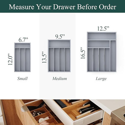 Silverware Organizer, Bamboo Kitchen Drawer Organizer, Utensil Holder, Cutlery Tray & Spoon Flatware Storage with Grooved Drawer Dividers (Grey, 6.7''W x 12''D)