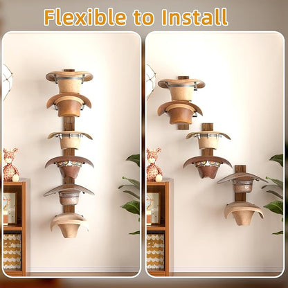 REFGY Cowboy Hat Rack for Wall, 6-Tier Solid Wood-Texture Western Hat Holder, Large Brim Hat Organizer for Wall Mount, Rustic Hat Hanger for Home Decor & Storage, Brown