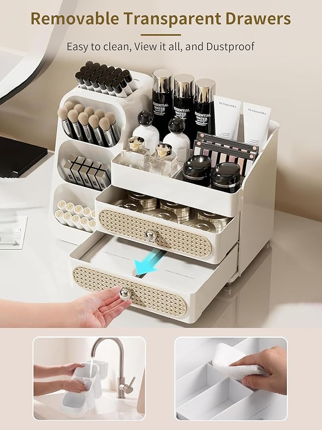 Booklov Makeup Organizer for Vanity, Large Capacity Cosmetic Display Case with Drawers, Countertop Beauty Storage Holder for Skincare, Brush Eyeliner Perfume Eyeshadow Lipsticks, Counter Desk, White