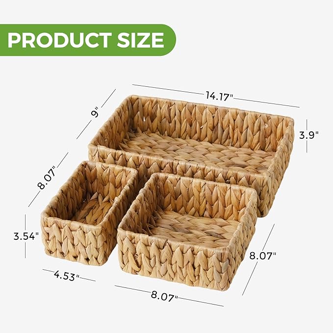 Wicker Storage Baskets Set of 3, Handwoven Water Hyacinth Baskets for Organizing, Large and Small Wicker Baskets Set, Decorative Natural Woven Baskets 3Pack for Pantry Shelves