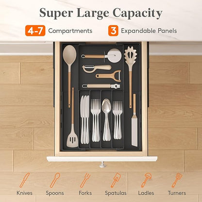 Lifewit Silverware Drawer Organizer, Expandable Utensil Tray for Kitchen, BPA Free Flatware and Cutlery Holder, Adjustable Plastic Storage for Spoons Forks Knives, 4-7 Slots, Black