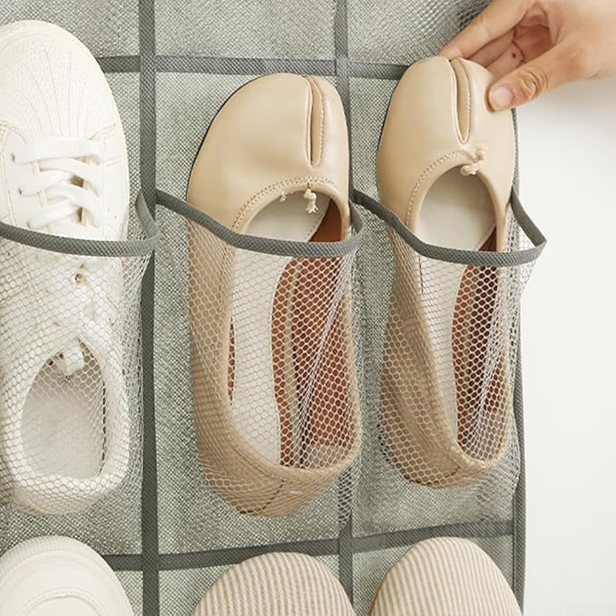 Over Door Shoe Rack with 24 or 28 Pockets, Hanging Shoe Organiser for Closet Storage, Space Saver for Shoes Slippers Belts Scarves Accessories, White Gray(28 Pocket gray)