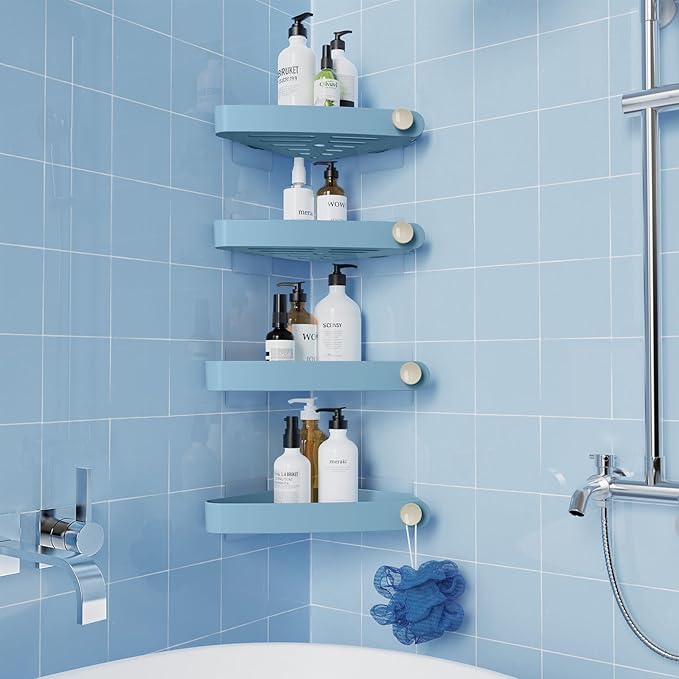 Sotfamily Plastic Shower Caddy Corner (For 90° Only), 4 Pack Adhesive Corner Shower Shelves for Bathroom Organizers and Storage, Light Blue