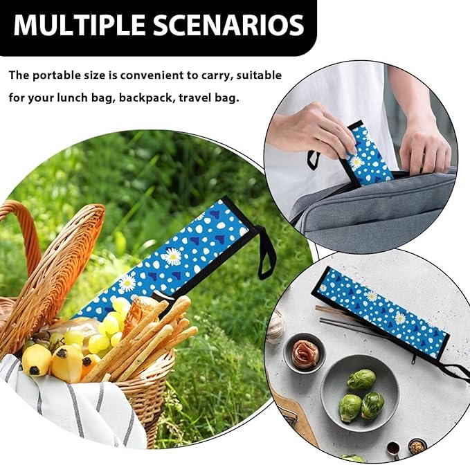COEQINE Blue Floral Travel Silverware Case Cutlery Pouch Metal Straws Case Lightweight Portable Leafproof Flatware Organizer Case With Handles Camping Work Carry Utensil Bag