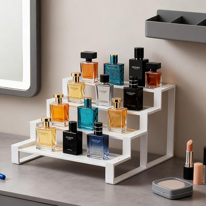 GOENDR Cologne Organizer for Men, 11.8 inch 4 Tier Metal Perfume Organizer Stand, Versatile Step Display Risers Shelf for Fragrance, Skincare, Figurine, Cupcake, Dessert, Spice, 1 Set White