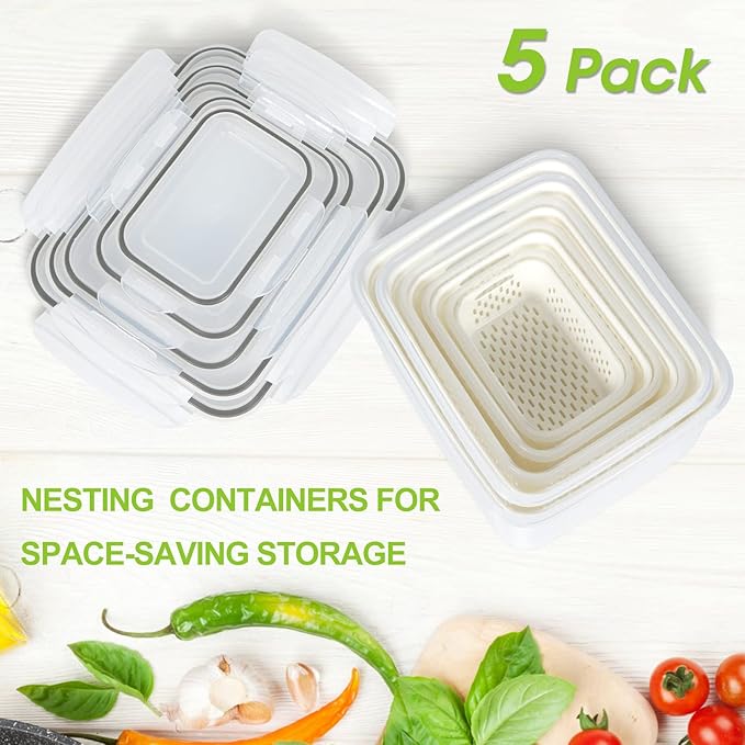 TBMAXS 5 Pack Fruit Storage Containers for Fridge Food Container with Colander Airtight BPA Free Plastic Berry Keeper Produce Vegetable Saver Bins Keep Fresh