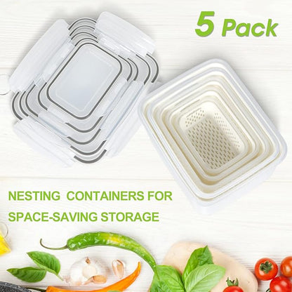 TBMAXS 5 Pack Fruit Storage Containers for Fridge Food Container with Colander Airtight BPA Free Plastic Berry Keeper Produce Vegetable Saver Bins Keep Fresh
