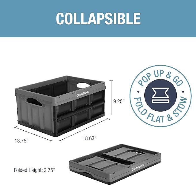 CleverMade Collapsible Storage Bins 32L 3 Pack – Heavy Duty Foldable Storage Bins with Built-In Handles for Garage Storage and Home Organization - Stone